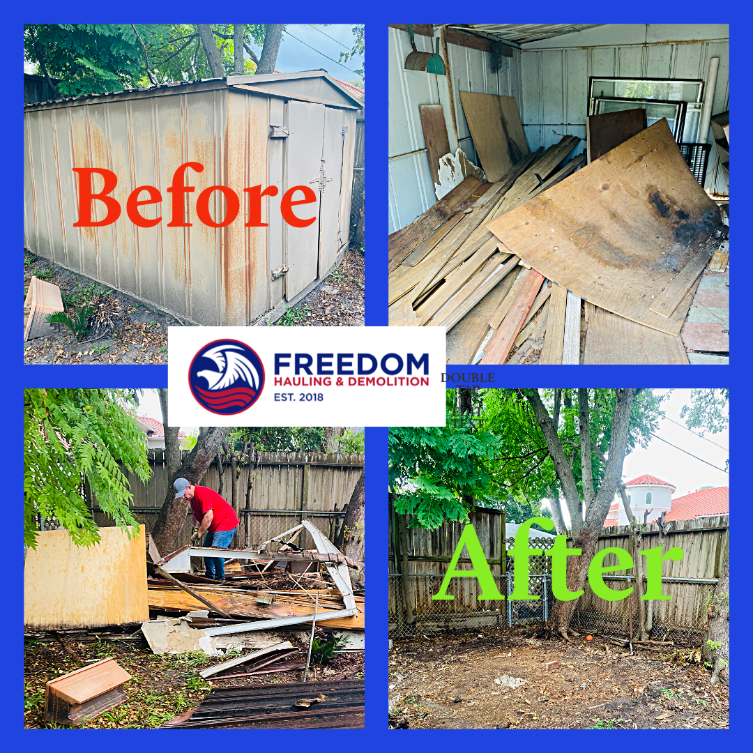 Demolition crew tearing down a backyard shed in Katy, Texas